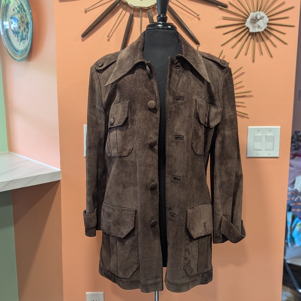Vintage 70s Brown Suede Coat Medium? Wide Collar Military Streetwear Aesthetic